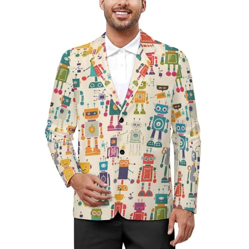 Colorful Robots Men's Classic Fit Suit Two Button Novelty Printed Casual Stylish Blazer