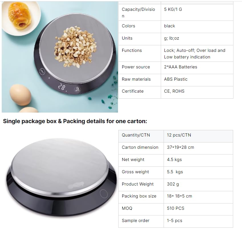 High Accuracy 5kg Digital Kitchen Scale Food Scale Round Tray Stainless 5KG/1G