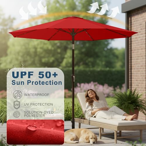 Image of 9' Solar LED Patio Umbrella with Tilt & Crank|8 Sturdy Ribs,UV Protection,Outdoor Market Table Umbrella for Deck,Lawn,Pool,Backyard (Red)