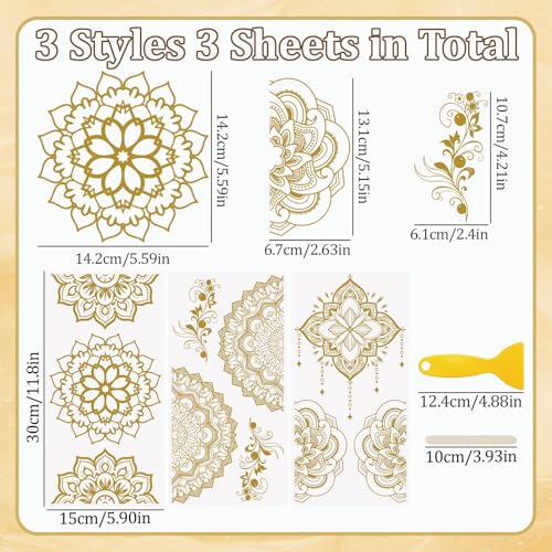 WANDIC 3 Bogen Rub on Stickers, Mandala Aufkleber Gold mit Vintage Muster, Europäischer Stil, Wasserdicht, Möbel, DIY Kunsthandwerk, Verzierungen für Fotoalbum und Scrapbook, 15 x 30 cm