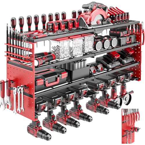 ODSNANIE 4 Ebenen Werkzeugspeicher Wandhalterung, Heavy Duty Metall Schlagbohrschrauber Werkzeugregal, Werkzeug Wandhalterung mit Bohrerhalterung for Garage, Werkstatt (Rot)