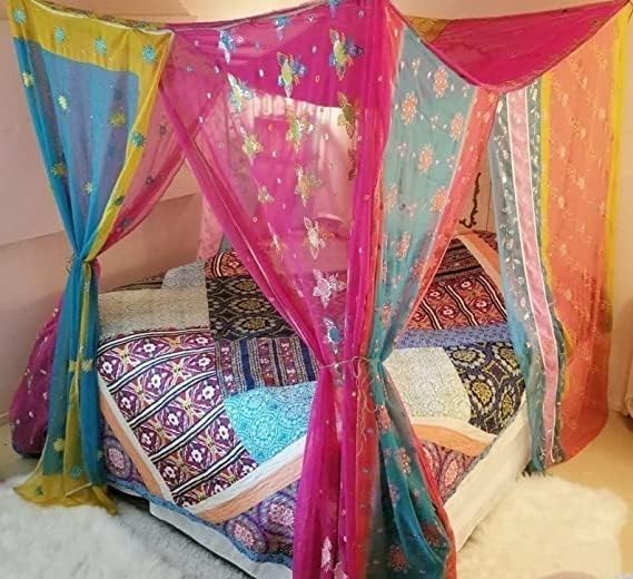 YILLE Bed Canopy King in Stock Curtains Bohemian Hippie Boho Decor India Fabric Silk Made to Order Queen Assorted
