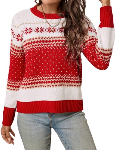 Womens Cute Ugly Christmas Sweater 2024 Oversized Crewneck Red and White Striped Color Block Snow Pullover Top