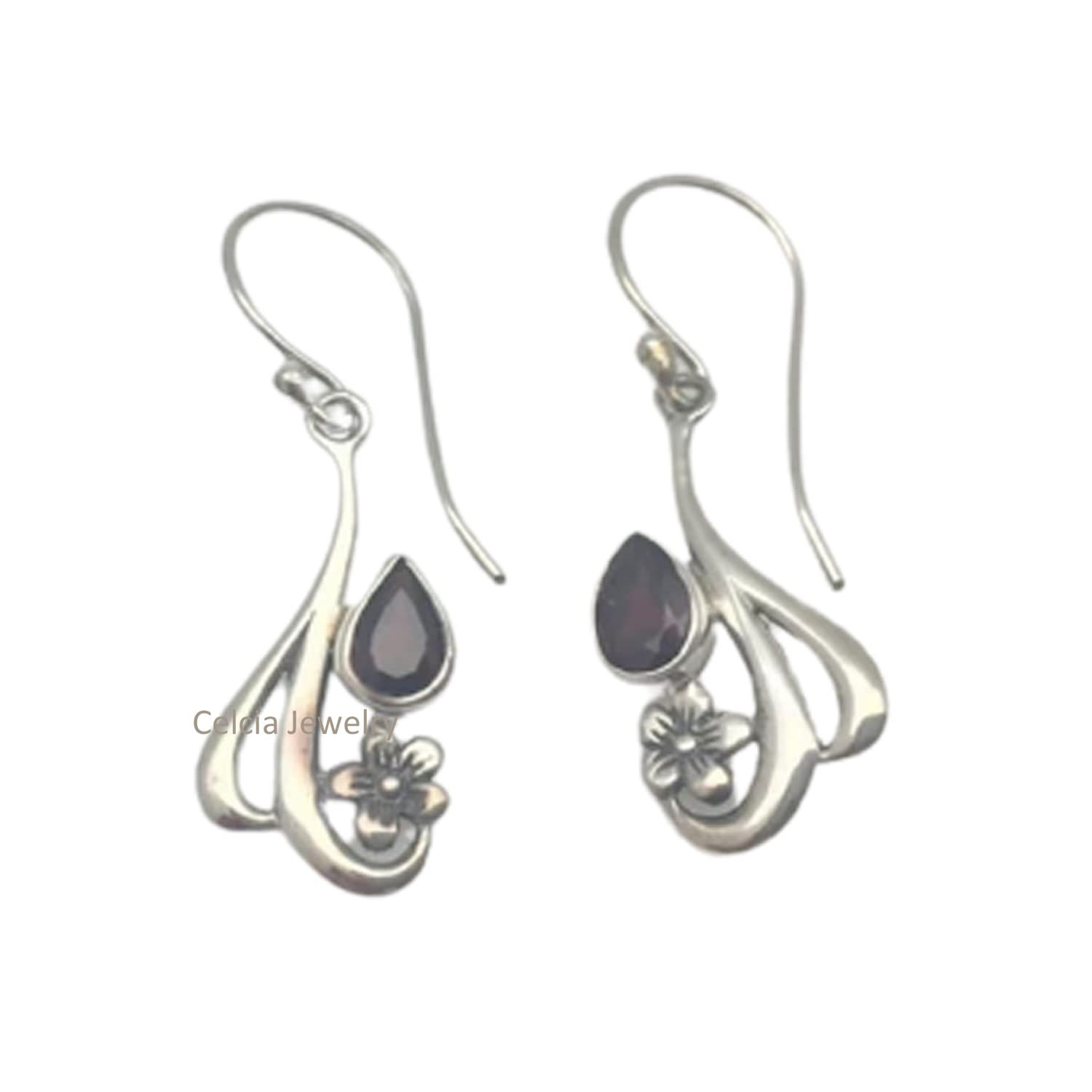 Pendientes colgantes de lágrima con flor de plata de ley 925 pura para mujer, pera, granate, piedra preciosa genuina, hechos a mano únicos, regalos de piedra natal de enero