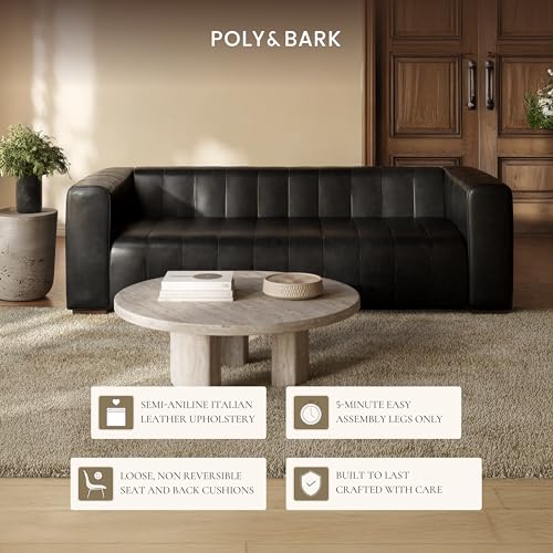 Image of Poly & Bark Canale 86 inch Sofa - Onyx Black Italian Leather, Channel-Tufted, Semi-Aniline Upholstery, Solid Wood Frame & Legs