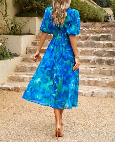 Image of UONBOX Women's V Neck Floral Dress Summer 2025 Trendy Pleated Boho Flowy Puff Sleeve Maxi Dress
