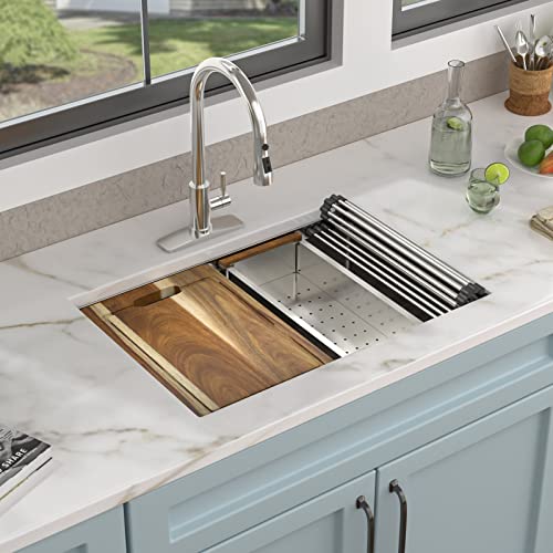 Image of 30 inchx18 inch Undermount Kitchen Sink - 16 Gauge 304 Stainless Steel, Ledge Workstation Under Counter Round Corners Single Bowl Sink Basin