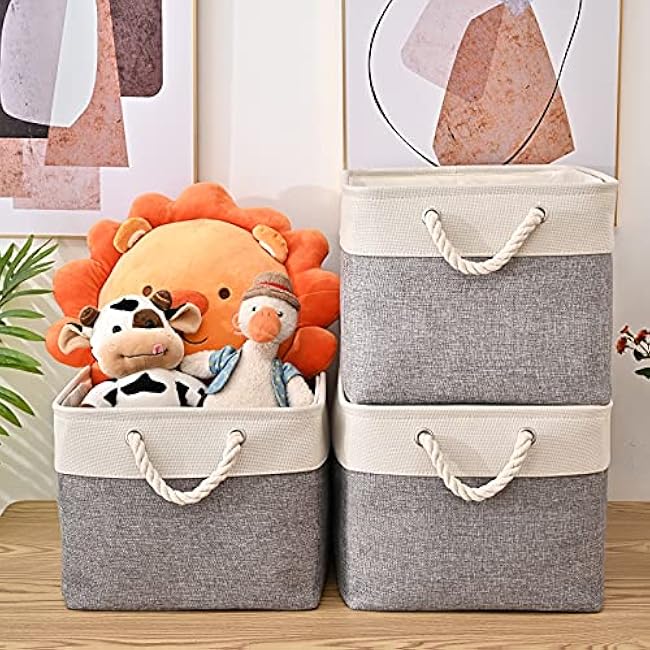 HOdo Home 15.8¡Á11.8¡Á9.5 In/3PCS Storage Bins, Fabric Bin with Drawstring Closure and 2 Bold Handles, Collapsible Large Canvas Baskets for Organizing Shelf Nursery Home Closet (White and Grey)