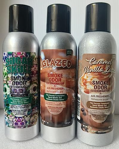 Smoke Odor Exterminator 198 gm/ 7 oz Large Spray Assorted Sugar Skull Set of Three Cans.Includes Sugar Skull, Glazed & Caramel Vanilla Latte.