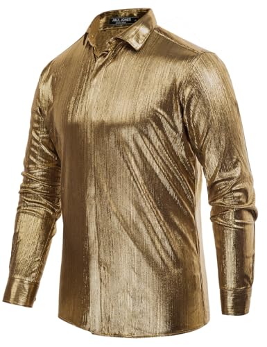 PJ PAUL JONES Men's 70s Disco Shirts Luxury Metallic Sequins Button Down Long Sleeve Party Shirt Nightclub Costume Tops3