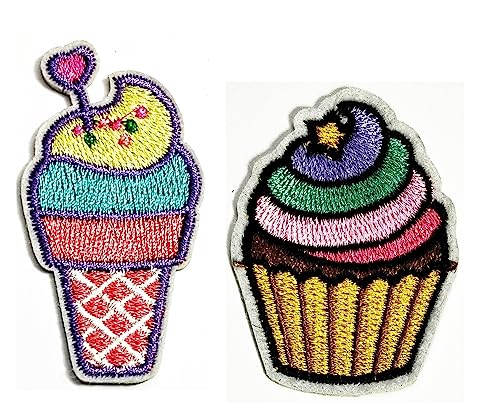 Lovely Ice Cream Sweet Cupcakes Movie Cartoon Patches Sew Iron on Embroidered Applique Patch Logo Clothes Jeans T-Shirt Hat Backpacks for Men Women Boys Girls (2 PCS)