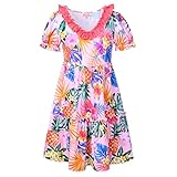 QPANCY Little Girls Flower Dresses Short Puff Sleeve Tropical Hawaiian Outfits, Size 8 9