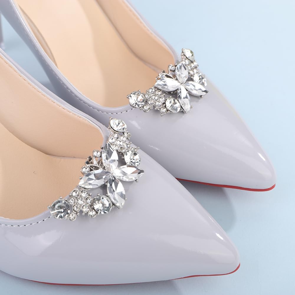 Jumwrit 2Pcs Sparkly Rhinestone Butterfly Shoe Clips Fashionable Crystal Shoe Charms Shoe Decorations Clips Bridal Wedding Shoe Accessories Detachable Shoe Buckle Heels Decor image 2