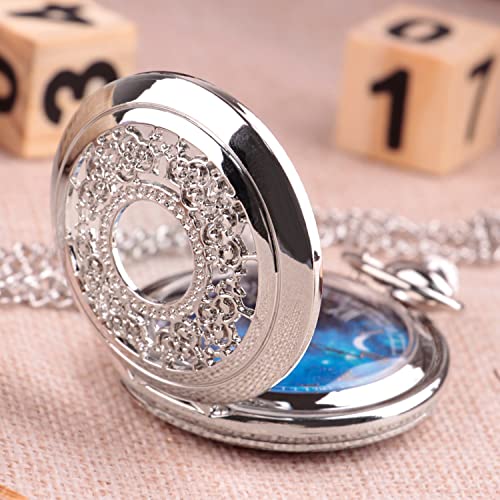 Tiong Quartz Pocket Watch Hollow Steampunk Blue Star Design Roman Numerals Pocket Watch with Chain Christmas Gifts - Image 4