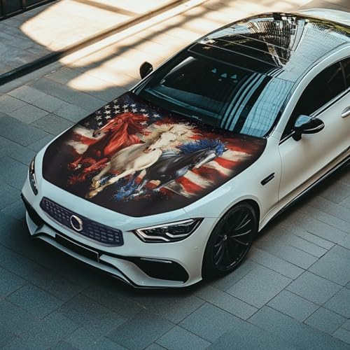 Image of Car Hood Cover Protector Scratch Auto Hood Wrap Blanket Auto Exterior Accessories Patriotic Decorations for Sedan SUV Pickup Truck Jeeps (American Flag Horse Design)