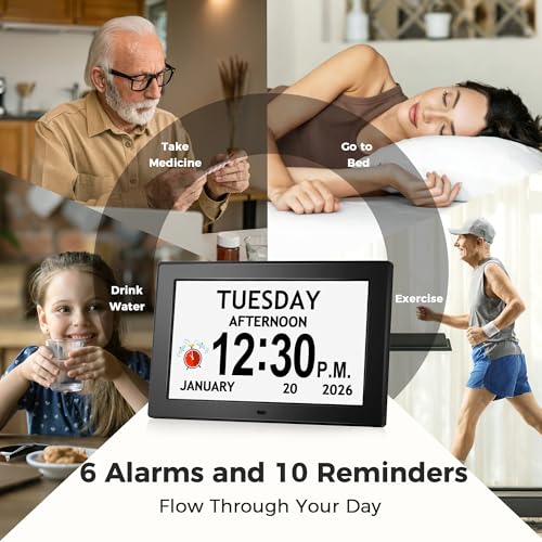 Image of 10.1'' Digital Clock With Date And Time, Dementia Clock, Large Display Alarm Clock For Seniors, 10Reminders, 6Alarms, Auto-Dimming, Auto DST, Remote Control, Gifts For People With Dementia, Black