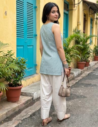 Image of Youthnic Women's Cotton Embroidered And Stripes Work Summer Wear Straight Kurti With farshi Salwar | Co Ord Set for Women Stylish | Office wear Kurta Set