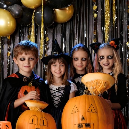 Image of 4 Pack Black Foil Fringe Curtains, Slmeno Glitter Black Tinsel Backdrop 3.3x8.2ft, Metallic Fringe Backdrop Party Streamers for Birthday Halloween Christmas New Years Graduation Party Decorations