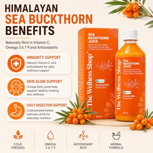 Image of The Wellness Shop Himalayan Sea Buckthorn Juice 500ml x3 | Cold Pressed Seabuckthorn Berry Pulp Concentrate with Natural Vitamin C Omega 3 6 7 9, Antioxidants | Supports Immunity Skin Glow Gut Health