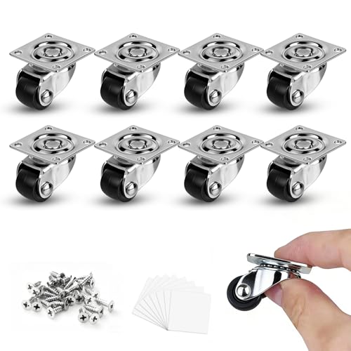 1/2 Inch Mini Caster Wheels Set of 8, Low Profile Self Adhesive Plate Casters, 360° Swivel Little Nylon Wheels for Furniture, Kitchen Appliances, Storage Boxes, DIY Small Projects