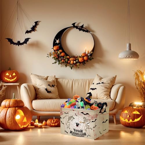 Image of Halloween Basket Gift Terror Ghost Parties Decor Kid Trick or Treat Basket for Boys and Girls Rectangular Storage Bin Box (Skeleton Bat)