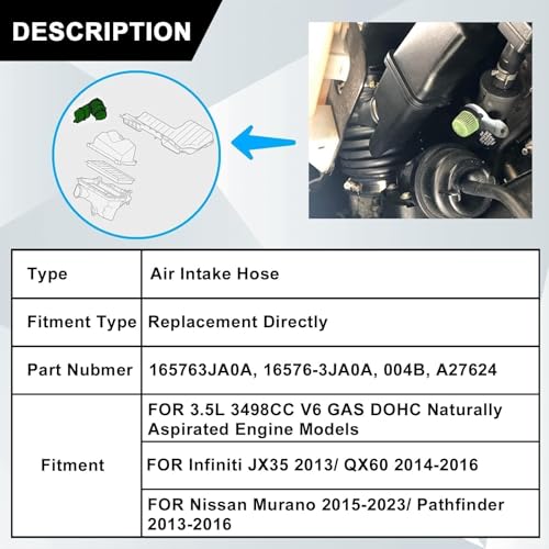 Image of SecosAutoparts Engine Air Intake Hose Tube with Clamps Fit for 2013-2016 Nissan Pathfinder, 2015-2023 Murano, Fit for 2014-16 Infiniti QX60, 2013 JX35 3.5L V6, Replaces 16576-3JA0A 165763JA0A 696-039
