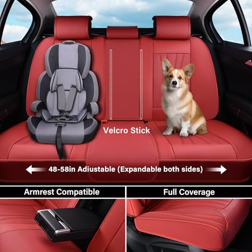 Image of Coverado Car Seat Covers Full Set, 5 Piece Car Seat Protector with Lumbar Support & Removable Headrest, Breathable Leather Front Rear Seat Cushion Universal Fit for Truck Automotive Red