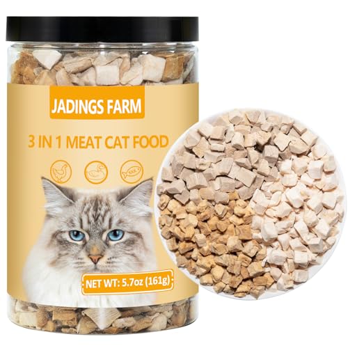 JADINGSFARM Freeze Dried Cat Food, 3 in 1 Natural Freeze Dried Meat - Chicken, Duck, and Salmon Recipe for Cats, Grain-Free Protein Rich Cat Kitten Food 5.7oz