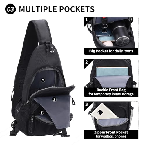 Small Sling Bag, Water Resistant 11 Inch Crossbody Chest Bags Oxford Daypack Backpack with Headphone Jack with Anti-theft Pocket for Men Women (Black)4