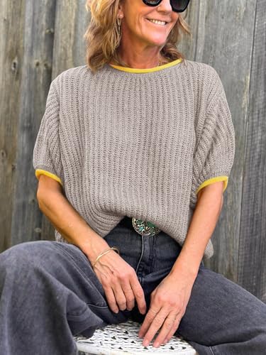 Image of Saodimallsu Womens Puff Short Sleeve Sweater Tops Spring Summer Color Block Ribbed Knit Crew Neck Going Out Shirts