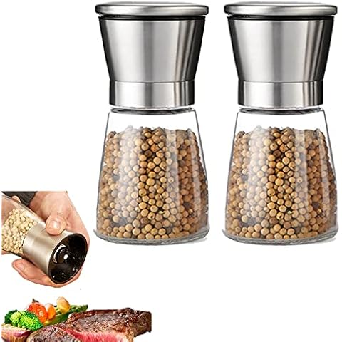 Salt and Pepper Grinder Set of 2, Stainless Steel Salt and Pepper Grinder Set,Premium Stainless Steel Spice Mill with Adjustable Coarseness, Ceramic Blades, Refillable Glass Body with 60Z Capacity Cover