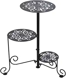 D'cor & Art Suporte Redondo Para Vasos de Flor Articulado de Chão com 3 Andares em Preto, Metal ou Plástico