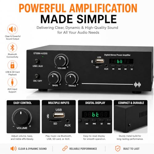 Image of ETOSM-AX200 Digital Stereo Power Amplifier with Bluetooth 5.0, USB, SD, FM, AUX, RCA & IR Remote | 40W + 40W 2 Channel Home Audio Amplifier for 4 Ohm Speakers