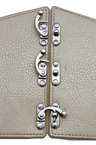 Women Fashion Wide Elastic Corset Belt High Waist Silver Metal Hooks S M Beige Champagne4