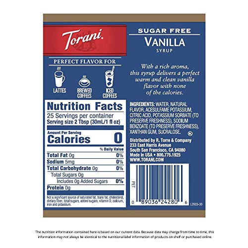 Image of Torani Sugar Free Vanilla Flavored Drink Syrup with Pump, 25.4 fl oz (Pack of 4)