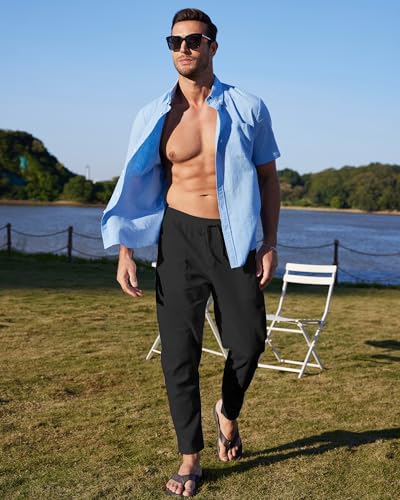 NANAMEEI Leinenhose Herren Lang Sommer Loose Fit Casual Strandhose Regular Fit Schwarz L