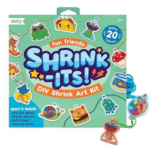 Ooly 28 PC DIY Shrinking Art Kit for Kids, 20 Plastic Pre Cut Charms and More, No Mess Creative Activity Jewelry Making Kit - Fun Friends