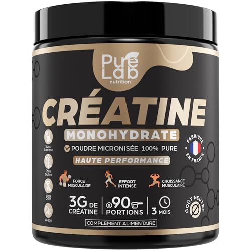Créatine monohydrate poudre 100% pure de qualité micronisée - 90 portions - Haute Absorption - Performance, Force, Masse Musculaire et Efforts Intenses - 100% vegan