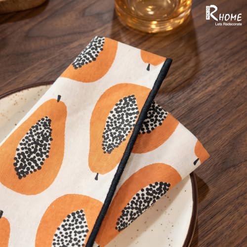 Image of Papaya Printed Cotton Napkins Set | 16 x 16 Inch (40 x 40 cm) | 100% Cotton with Peko Border | Reusable Cloth Dining & Cocktail Napkins | Machine Washable | Bright Tropical Print
