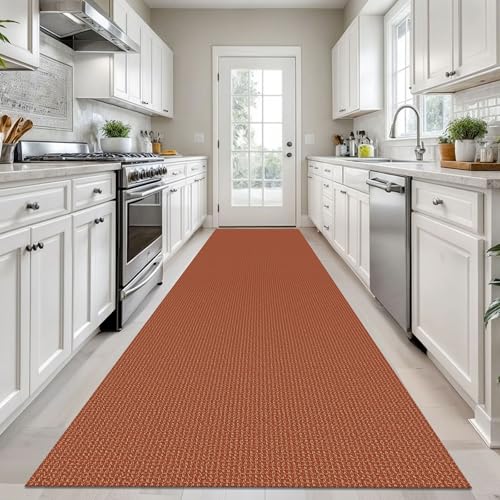 KOZYFLY Long Runners for Hallways 3x12 ft Washable Kitchen Runner Non Slip Rubber Backed Hallway Rugs Cotton Entryway Runner Rug Floor Carpet for Indoor Hall, Backdoor, Kitchen, Orange/Tan