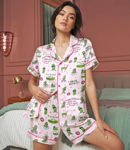 Image of HUNTFAMI Womens Soft Silky Satin Pajamas Set, 2 Pcs Sleep Short Pajamas for Mom and Grandma Button Down Summer Loungewear
