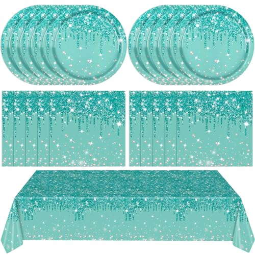 41PCS Teal and Silver Tableware Set for Happy Birthday Table Decorations Blue Glitter Diamonds Birthday Theme Dessert Plates Tablecloth for Girls Women Silver Glitter Birthday Party Supplies