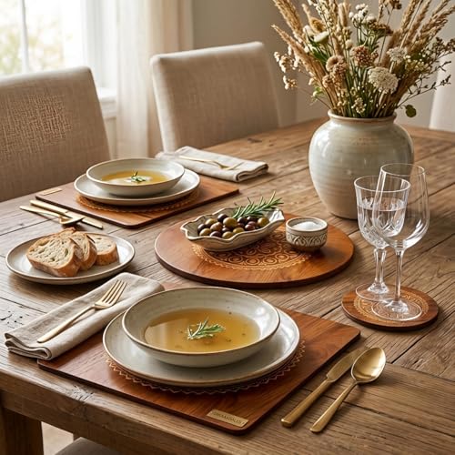 Image of Round Wooden Trivet,Place Mate Set of 4 (20cm) |Bamboo Table Mats with Engraved Design | Heat Resistant Hot Pot Stand| Dining Table Protector | Wooden Coaster for Kitchen & Cookware (20x20 cm)