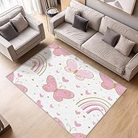ZDABAOEC Butterfly Rainbow Rugs for Entrance, Kawaii Pink Heart Rugs for Room Bedrooms, Living Room, Cartoon Girls Room Decor Carpet, Small Rug 50 X 80cm, Anti Slip Decoration Short Pile Soft Mat