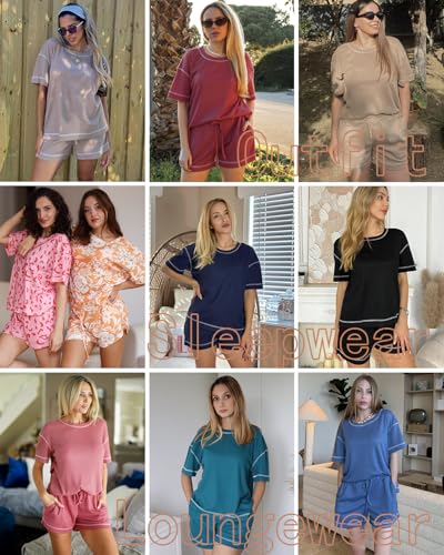 Ekouaer Women's Waffle Knit Two Piece Lounge Set, Soft Matching Outfits for Daily Wear, Casual Shorts Set with Pocket2