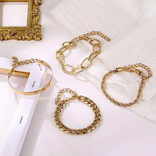 IFKM Gold Bracelets for Women, 14K Gold Plated Dainty Layered Chain Bracelets Adjustable Cute Bangle Link Bracelet Set2