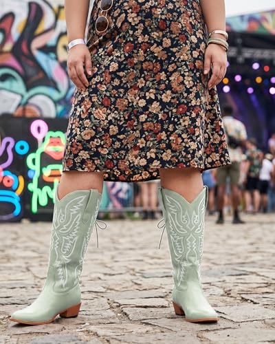 Image of Uillnoodu Wide Calf Cowboy Boots Women Adjustable Lace Up Knee High Tall Plus Size Cowgirl Boots Western Style Comfortable 2-Inch Heel