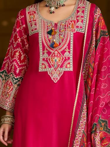 Image of INDO ERA Women's Silk Blend Ethnic Motifs Embroidered Straight Kurta & Pant with Dupatta Set (IEOUT12101)