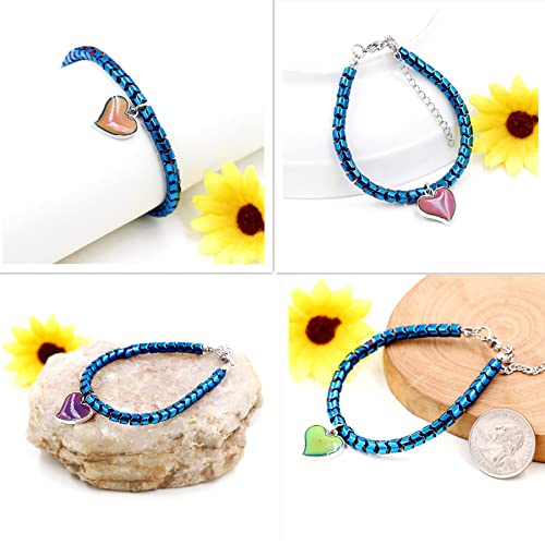 Image of A Pair of Gear-shape Hematite Bracelets with Color Changing Thermo Sensitive Mood Heart Charms, Couples Love Heart Bangles Gifts