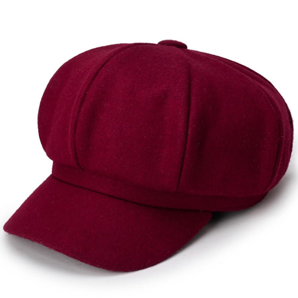 Zhqflc Women's Burgundy Octagonal Newsboy Cap Vintage Wool Cabbie Beret Hats Newsboy Hat Painter Baker Caps Adjustable Beret Caps Octagonal Hat (Burgundy)